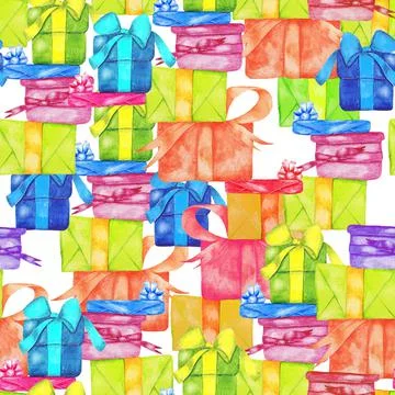 A set of different gifts. Seamless pattern. Watercolor Stock Illustration