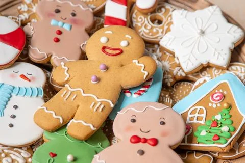 Set different gingerbread cookies with icing decoration. Christmas baking food Stock Photos