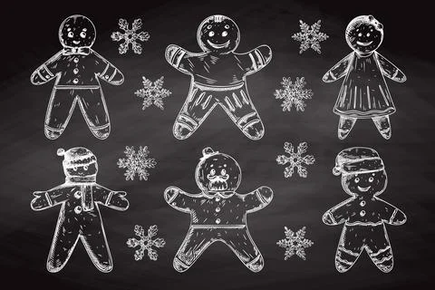 Set of different gingerbread men isolated on white background. Sketch, illust Stock Illustration