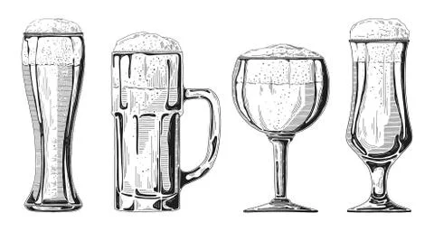 Set of different glasses with beer, different mugs of beer. Illustrazione stock