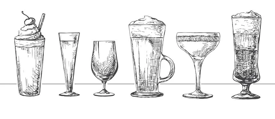Set of different glasses, different cocktails. Stock Illustration