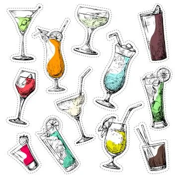 Set of different glasses, different cocktails. Vector illustration of a sketc Stock Illustration