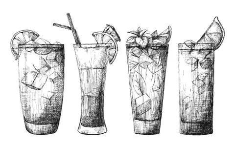 Set of different glasses, different cocktails. Stock Illustration
