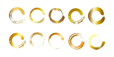 Set of different gold circles brush strokes. Flat style. Isolated on white ba Stock Illustration