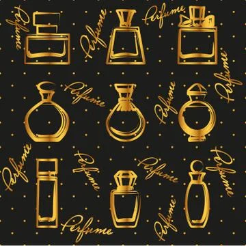 Set of different gold perfume bottles in vector Stock Illustration