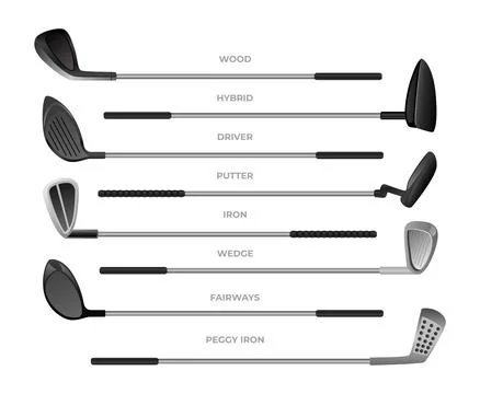 Set of Different Golf Club Types Collection with Wood, Hybird, Driver, Putt.. Stock Illustration