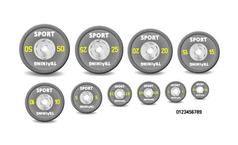 Set different gray weight plates, weights numbered. Illustration vector set Stock Illustration