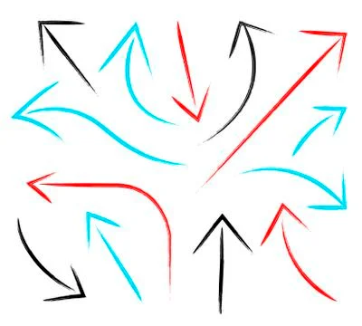 Set of different grunge brush arrows, pointers. Hand drawn paint object for use Stock Illustration