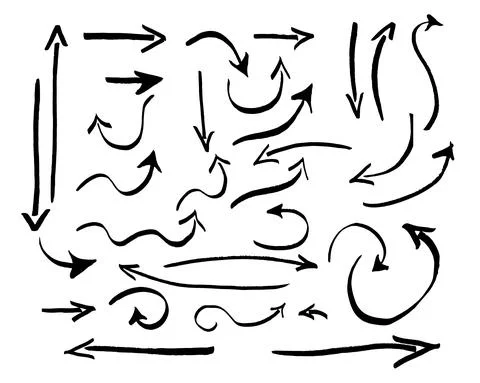 Set of different grunge brush arrows, hand drawn pointers, isolated on white Stock Illustration