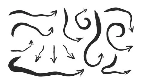 Set of different grunge brush arrows, pointers. Hand drawn paint object for use Stock Illustration