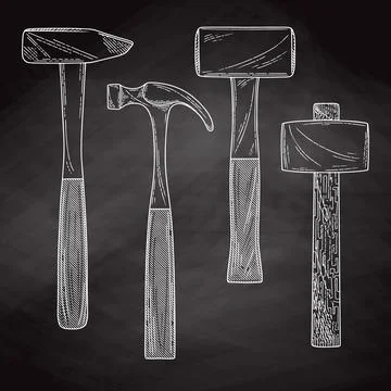 Set of different hammers. Hammers isolated on a blackboard. Vector illustrati 스톡 일러스트