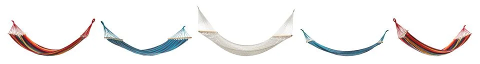 Set with different hammocks on white background. Banner design Stock Photos