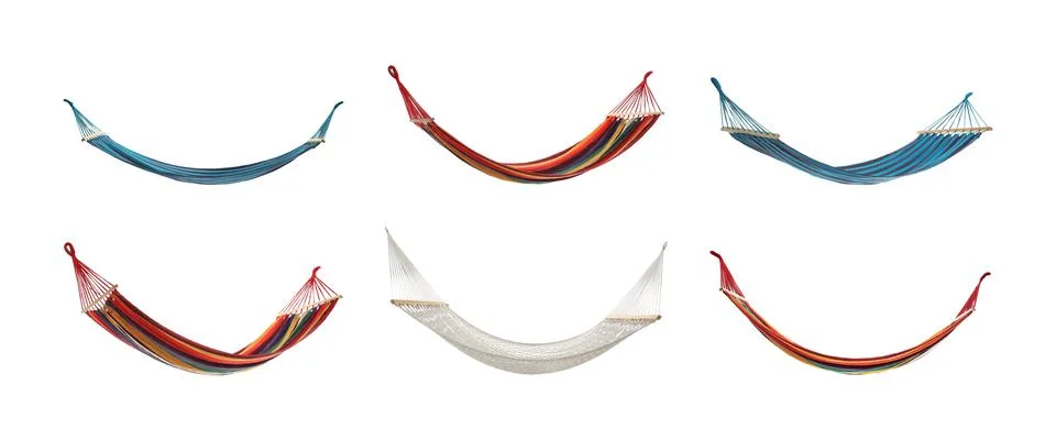 Set with different hammocks on white background. Banner design Stock Photos