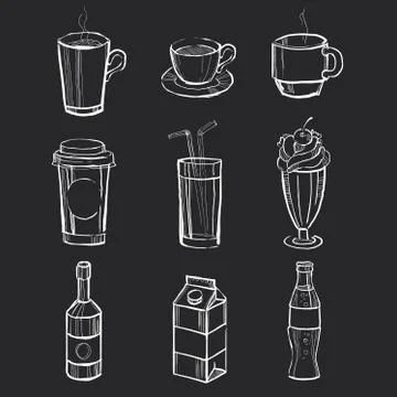 Set of different hand drawn beverages on the blackboard. Vector illustration Illustrazione stock
