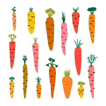 Set of different hand drawn carrots. Cartoon vegetables. Healthy food Stock Illustration