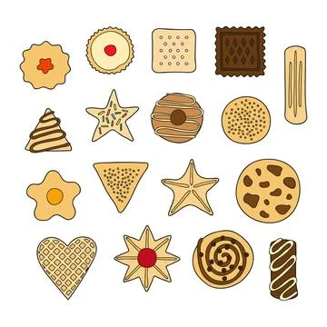 Set of different hand drawn cookies. Stock Illustration