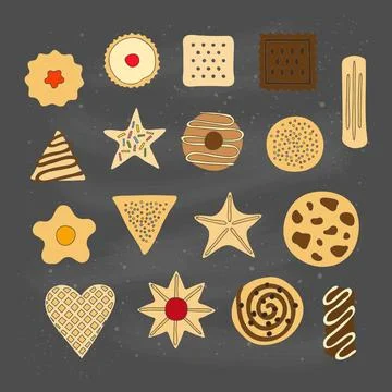 Set of different hand drawn cookies. Stock Illustration