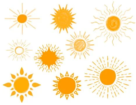 Set of Different Hand Drawn Suns, Vector Illustration Stock Illustration