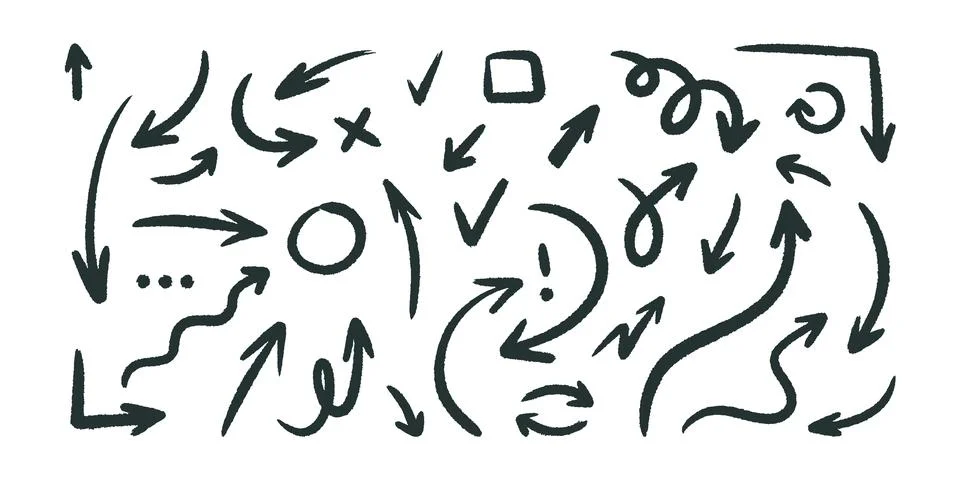 Set of different hand drawn texture arrows, cartoon style. Trendy modern ve.. Stock Illustration