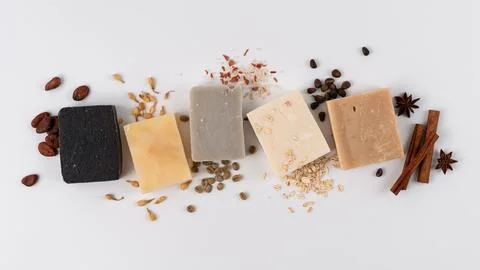 Set of different handcraft organic soap bars with natural ingredient, top vie 写真素材