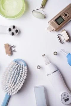 Set of different hardware equipment with vacuum jars, nephrite roll and massa Stock Photos
