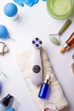 Set of different hardware equipment with vacuum jars, nephrite roll and massa Stock Photos