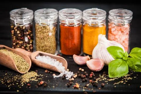 Set of different herbs and spice Stock Photos
