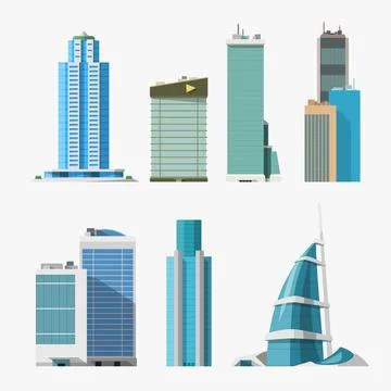 Set of different high buildings on white Stock Illustration
