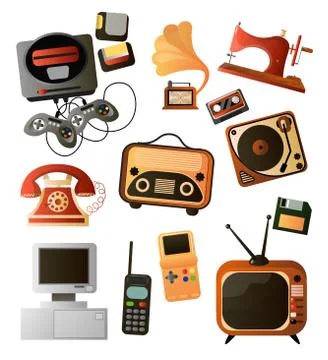 Set of different home retro objects and electronic devices Stock Illustration