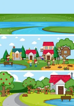 Set of different horizon scenes background with doodle kids cartoon character Ilustração Stock