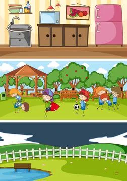 Set of different horizon scenes background with doodle kids cartoon character Ilustração Stock