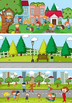 Set of different horizon scenes background with doodle kids cartoon character Ilustração Stock