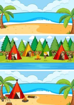Set of different horizontal beach scenes with doodle kids cartoon character Ilustração Stock