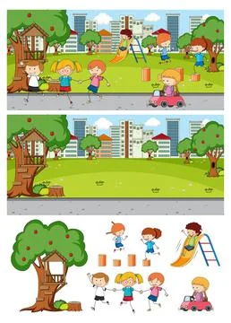 Set of different horizontal park scenes with doodle kids cartoon character Ilustração Stock