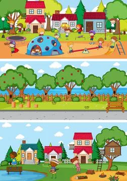 Set of different horizontal scenes background with doodle kids cartoon charac Ilustração Stock