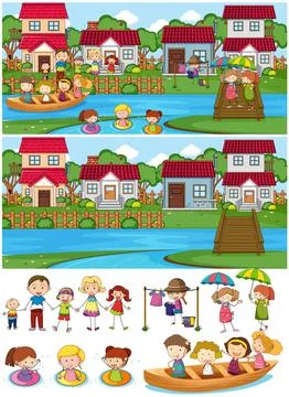 Set of different horizontal scenes background with doodle kids cartoon charac Stock Illustration