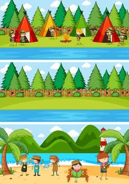 Set of different horizontal scenes background with doodle kids cartoon charac Ilustração Stock