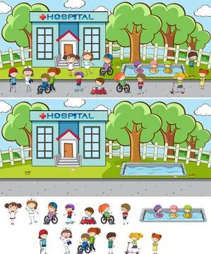 Set of different horizontal scenes background with doodle kids cartoon charac Ilustração Stock
