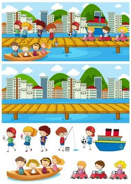 Set of different horizontal scenes background with doodle kids cartoon charac Ilustração Stock