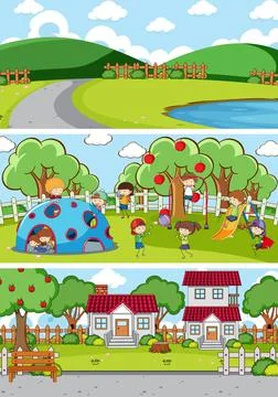 Set of different horizontal scenes background with doodle kids cartoon charac Ilustração Stock