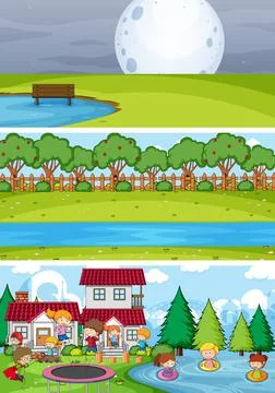 Set of different horizontal scenes background with doodle kids cartoon charac Ilustração Stock