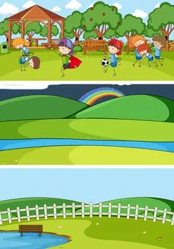 Set of different horizontal scenes background with doodle kids cartoon charac Ilustração Stock