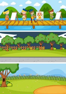 Set of different horizontal scenes background with doodle kids cartoon charac Ilustração Stock
