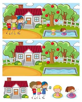 Set of different horizontal scenes background with doodle kids cartoon charac Ilustração Stock