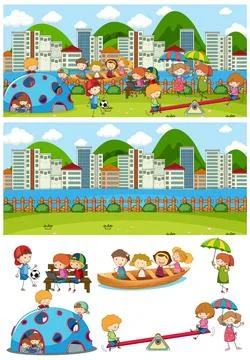 Set of different horizontal scenes background with doodle kids cartoon charac Ilustração Stock