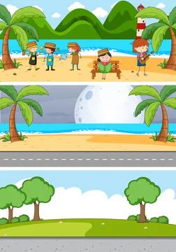 Set of different horizontal scenes background with doodle kids cartoon charac Ilustração Stock