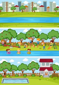 Set of different horizontal scenes background with doodle kids cartoon charac Stock Illustration