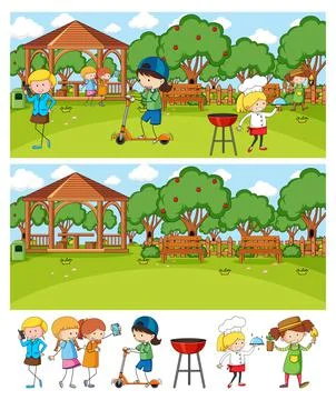 Set of different horizontal scenes background with doodle kids cartoon charac Ilustração Stock