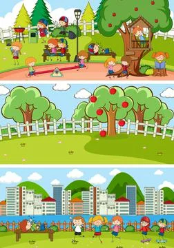 Set of different horizontal scenes background with doodle kids cartoon charac Ilustração Stock