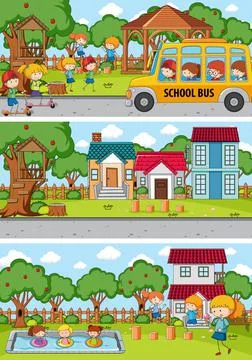 Set of different horizontal scenes background with doodle kids cartoon charac Ilustração Stock
